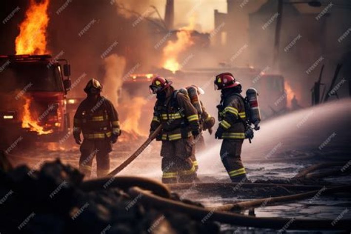 Firefighters work extinguishing a fire on a commercial area following a rocket hit in Saltivka neighborhood, Kharkiv City, Ukraine